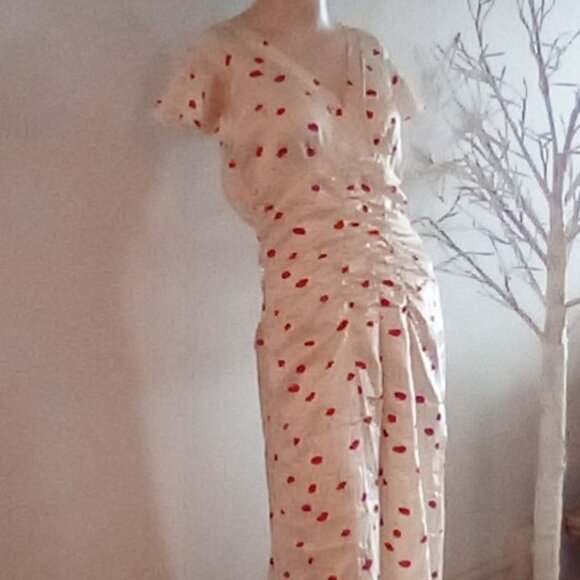 Silk Charmeuse Cherry Print Ruched Dress Size M - Picture 4 of 11
